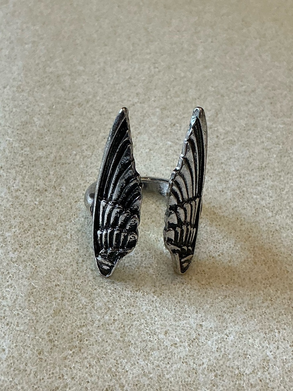Winged Silver Tone Double-Finger Ring, adjustable